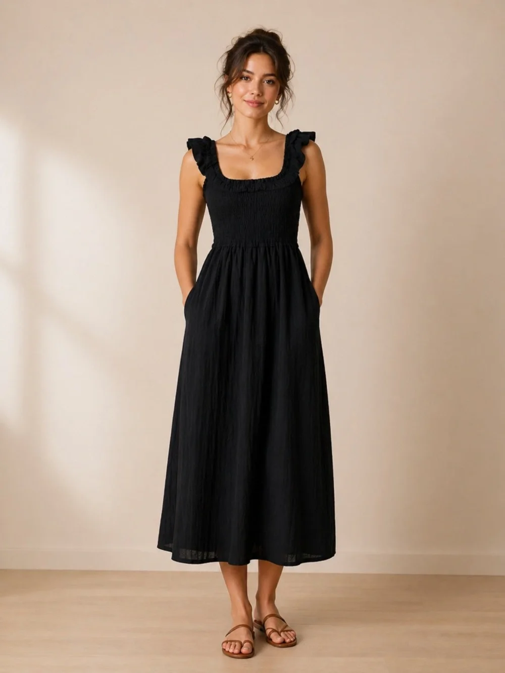 American Eagle Black Smocked Midi Dress with Flutter Sleeves / Solid Black - Picture 1 of 5